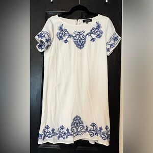 Lulu's White Shift Dress with Blue Embroidery